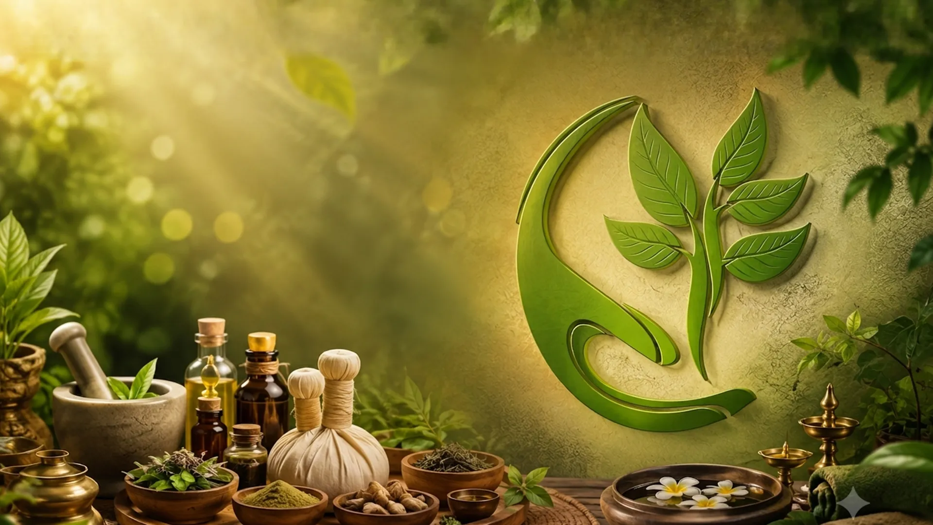 OJAS leaf emblem surrounded by classical Ayurvedic herbs and Panchakarma vessels